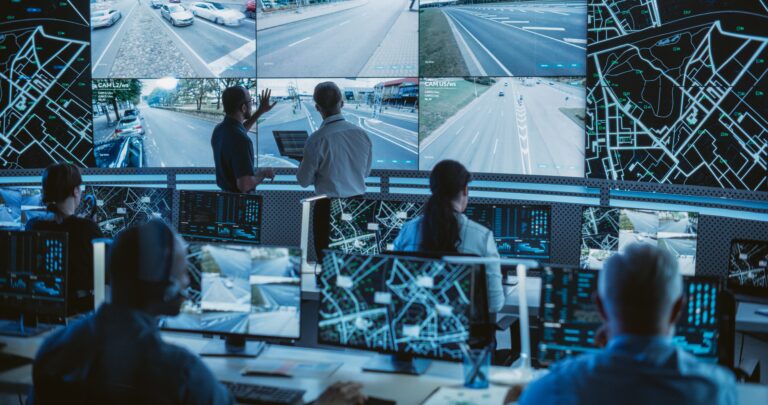Traffic Management Center operators monitoring ITS CCTV feeds and live road network maps