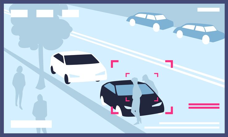 Illustration of CCTV video analytics detecting vehicles and a pedestrian on a city street