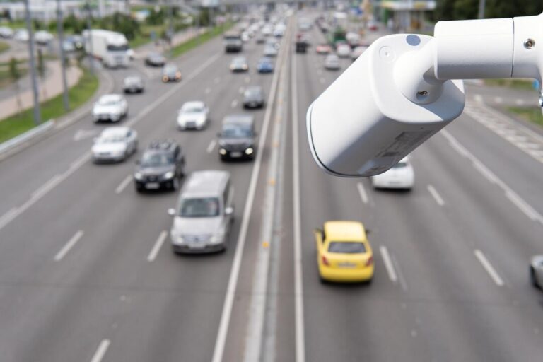CCTV camera overlooking a multi-lane highway for ITS traffic monitoring
