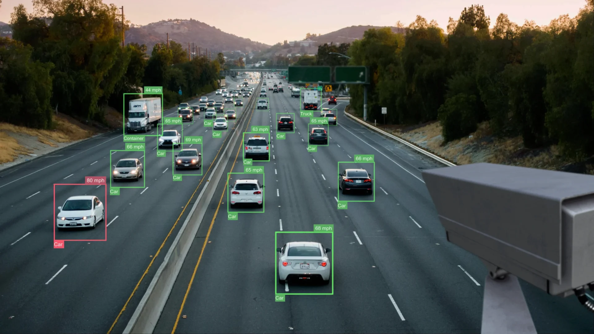 ITS roadside camera tracking vehicle speeds on a multi-lane freeway